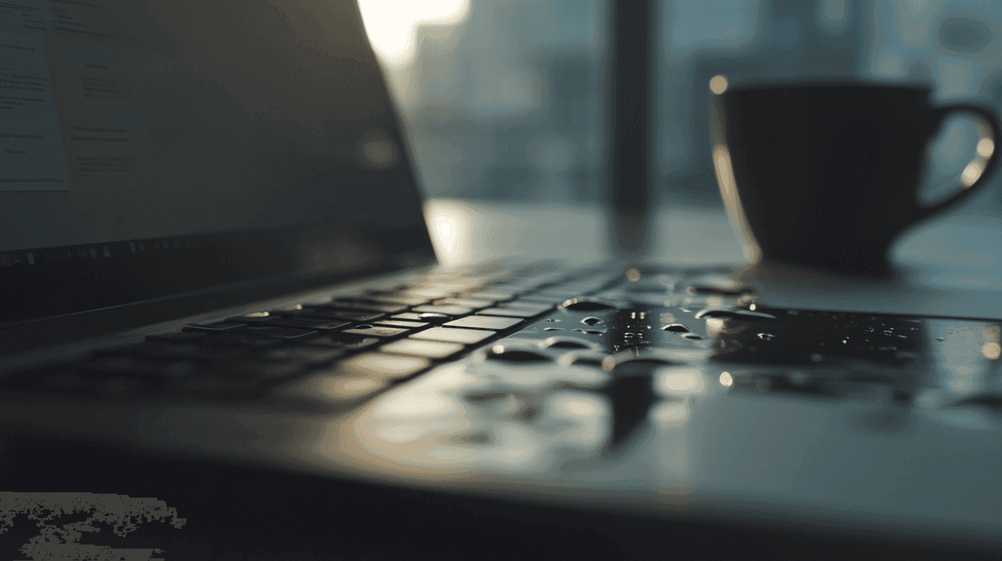 Gemorste koffie op een laptoptoetsenbord, met een koffiekopje op de achtergrond – een veelvoorkomend risico voor freelancers op de werkplek.