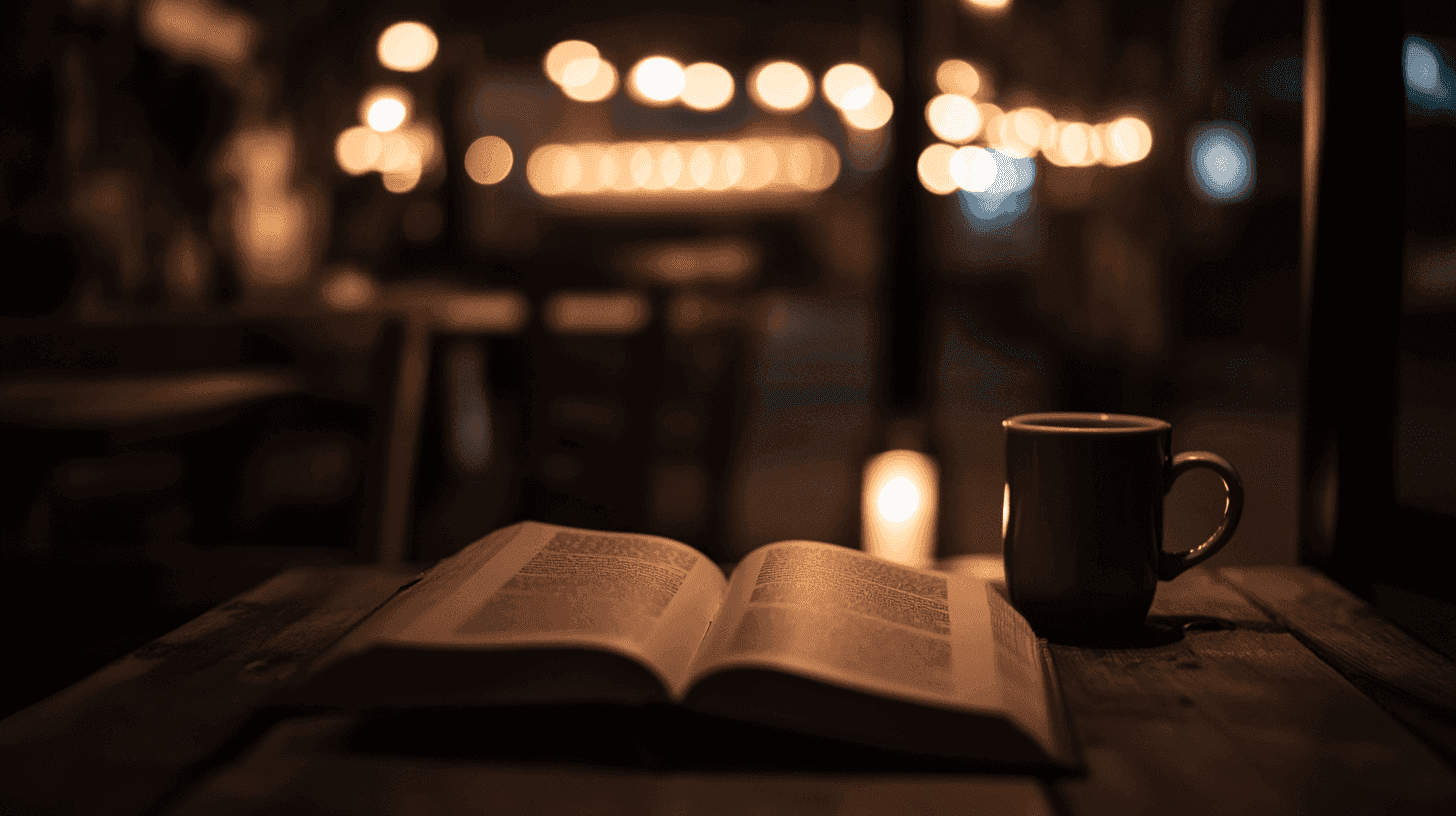Open boek en koffiemok op een houten tafel met warme sfeerverlichting.