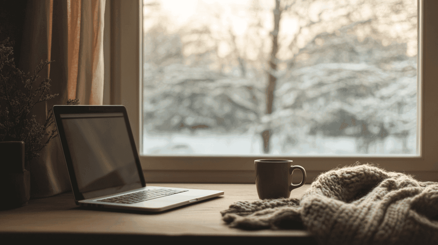 Laptop op een houten bureau met een kop koffie en een gebreide deken, met een besneeuwd winterlandschap buiten het raam.
