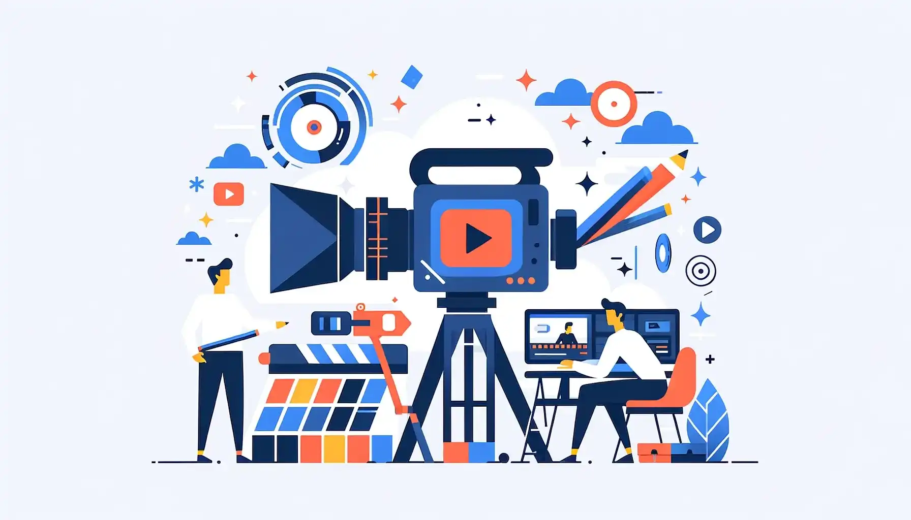 Illustratie waarin twee freelancers in witte outfits werken met een grote camera en diverse schermen om een video te maken