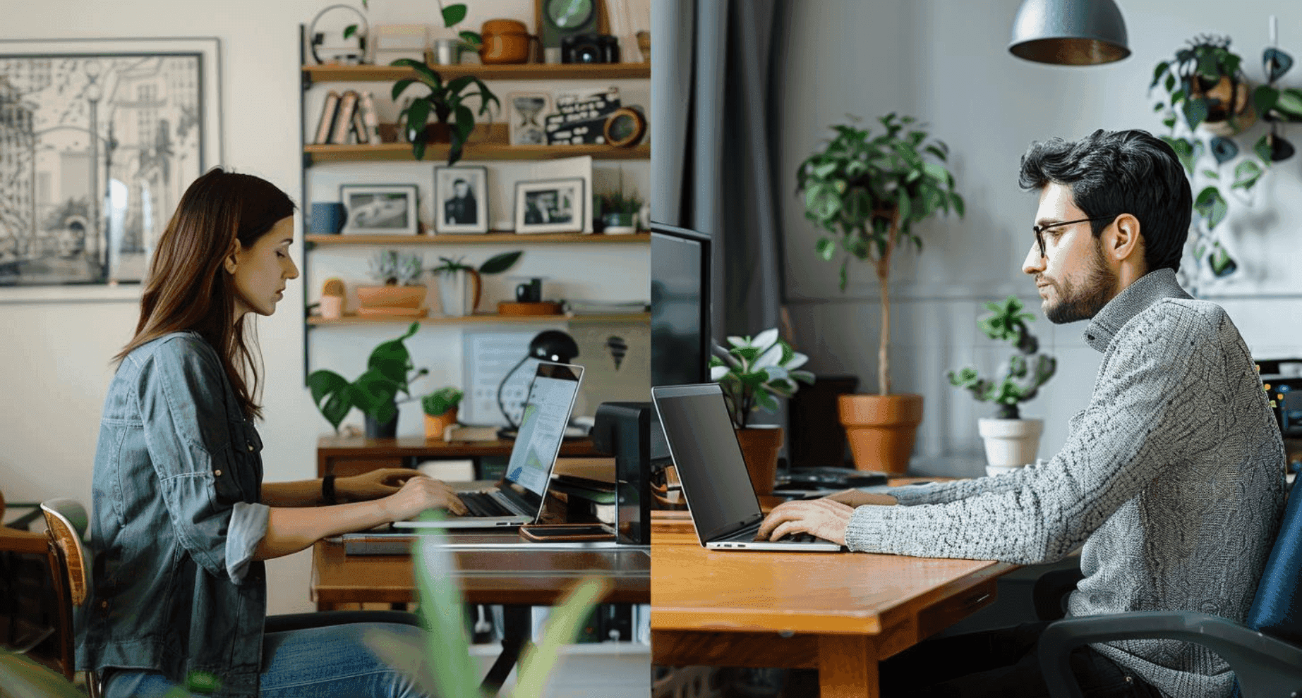 Vergelijking tussen een vrouwelijke freelancer en mannelijke vaste werknemer die thuis werken achter hun laptops, omgeven door planten en huisdecoraties.