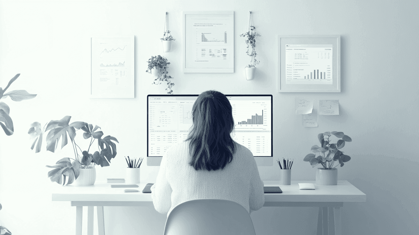 Een freelancer werkt vanuit huis aan een minimalistisch wit bureau met een dubbele monitor. Op de schermen staan grafieken en analyses. De ruimte is helder en opgeruimd, met planten en ingelijste statistieken aan de muur.