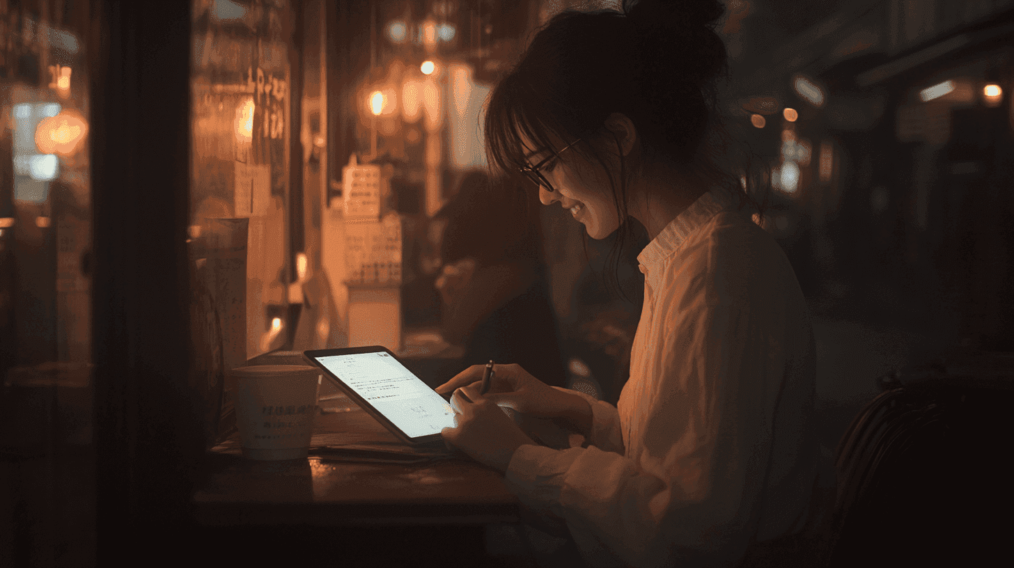 Lachende vrouw met bril werkt op een tablet in een sfeervol verlicht café.