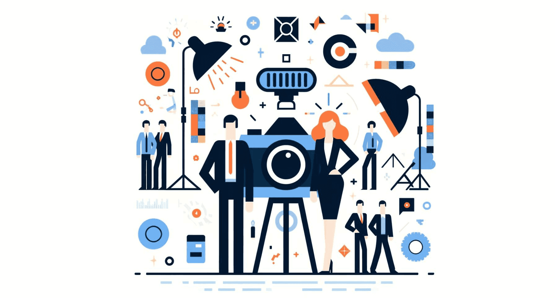 Illustratie waarin een man en een vrouw naast een grote camera staan. Om de twee freelancers heen staan diverse spotlights en andere attributen die fotografen gebruiken.