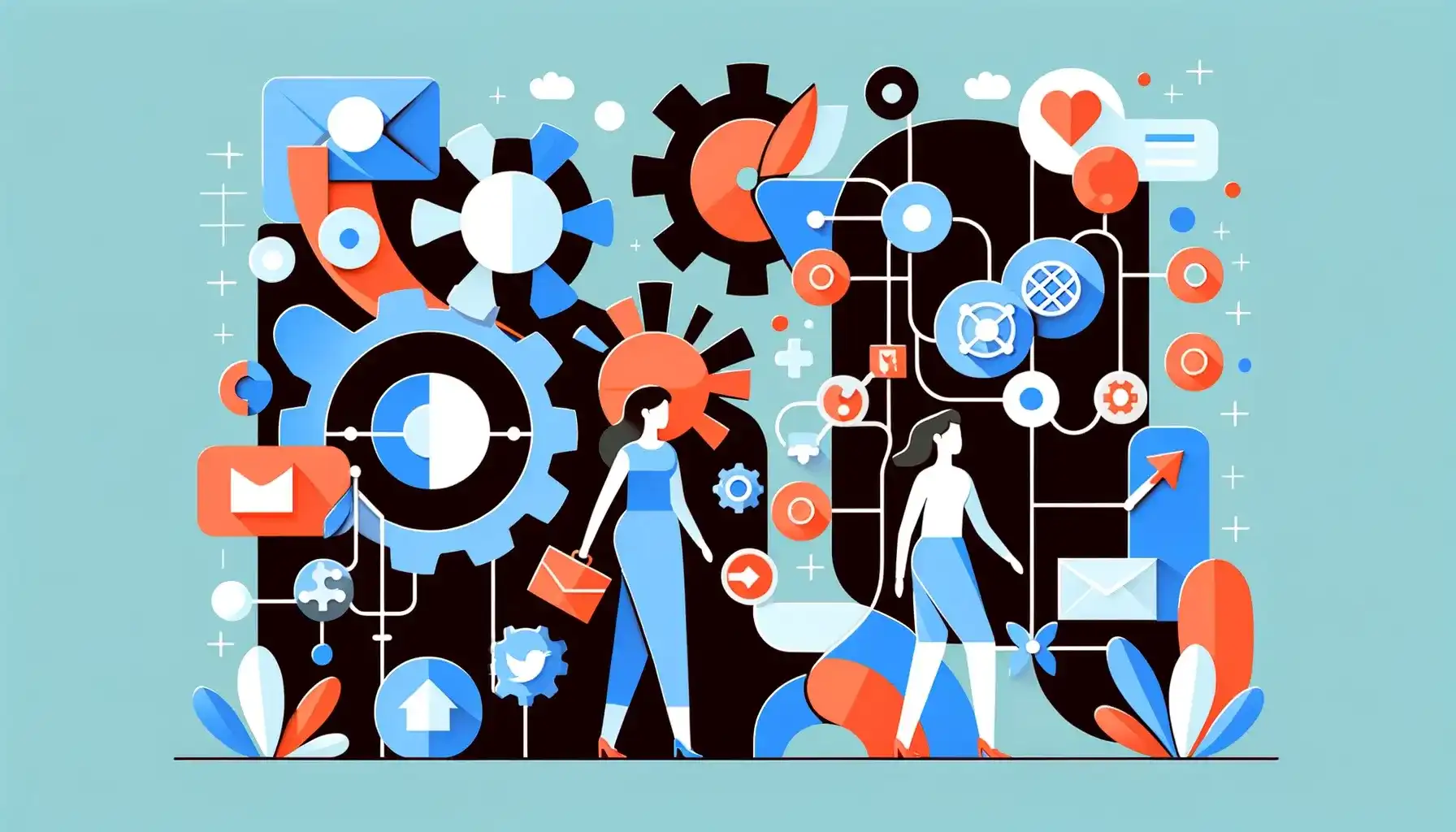 Illustratie waarin twee freelancers onderdeel uitmaken van een tweedimensionale machine met tandwielen