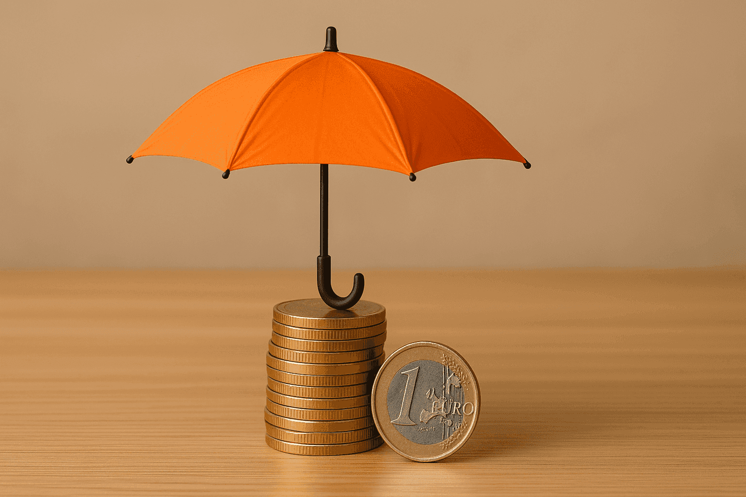 Stapel euromunten wordt beschermd door een oranje paraplu, metafoor voor een broodfonds.