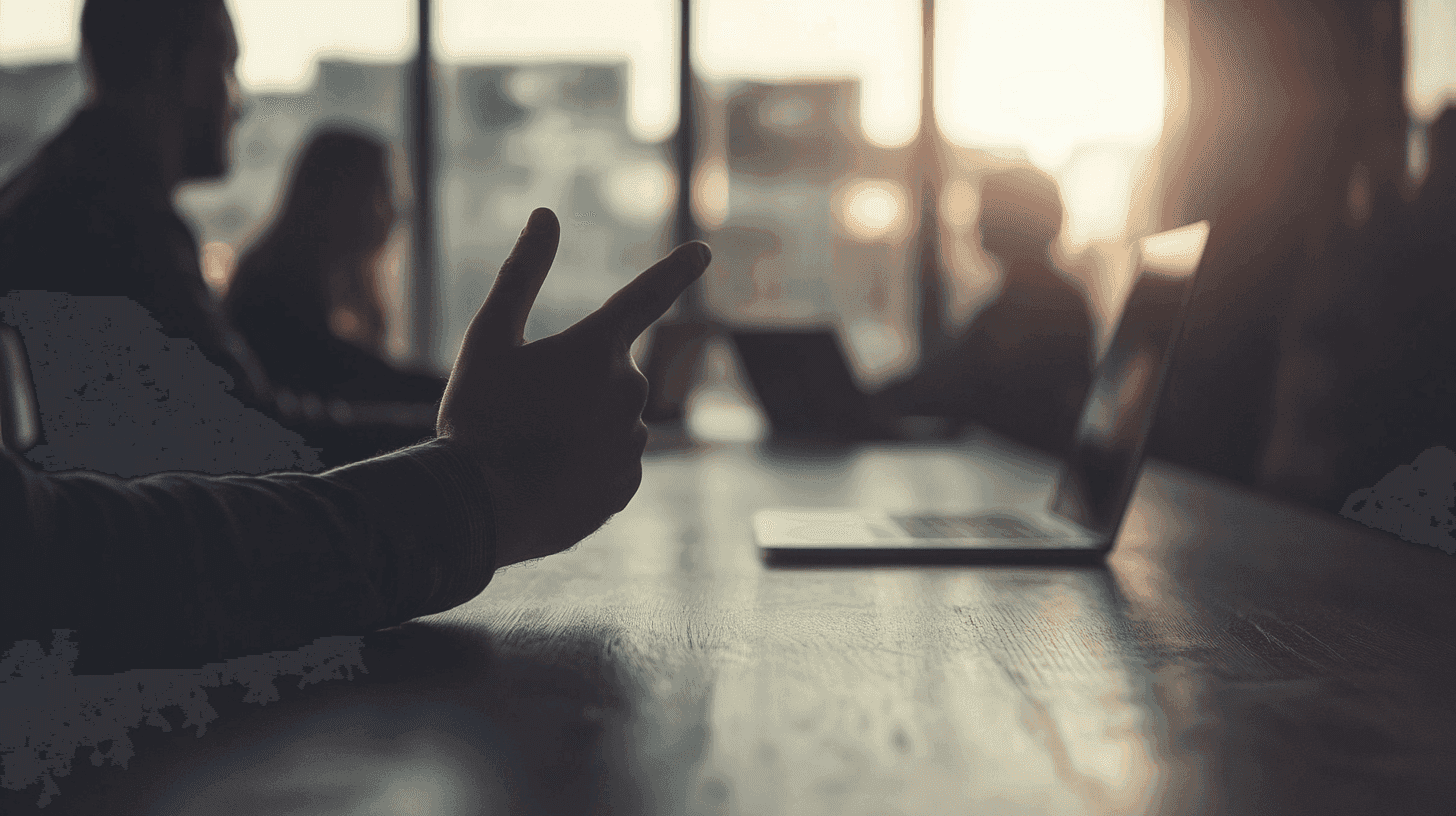 Hand maakt een gebaar tijdens een bespreking in een vergaderruimte met laptop en silhouetten van mensen op de achtergrond.