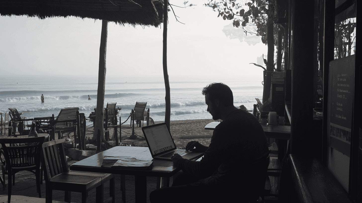 Digital nomad werkt op een laptop in een strandcafé met uitzicht op de oceaan, terwijl mensen in de branding spelen. Tropische, ontspannen sfeer.