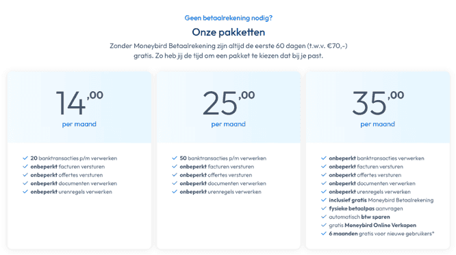 De prijzen voor de verschillende versies van Moneybird