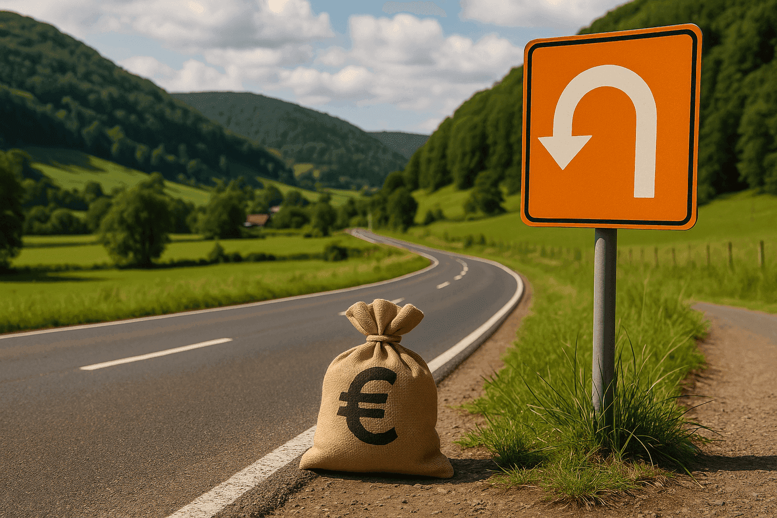 Zakken belastinggeld liggen bij een kruispunt dat het geld terugstuurt naar de eigenaar.