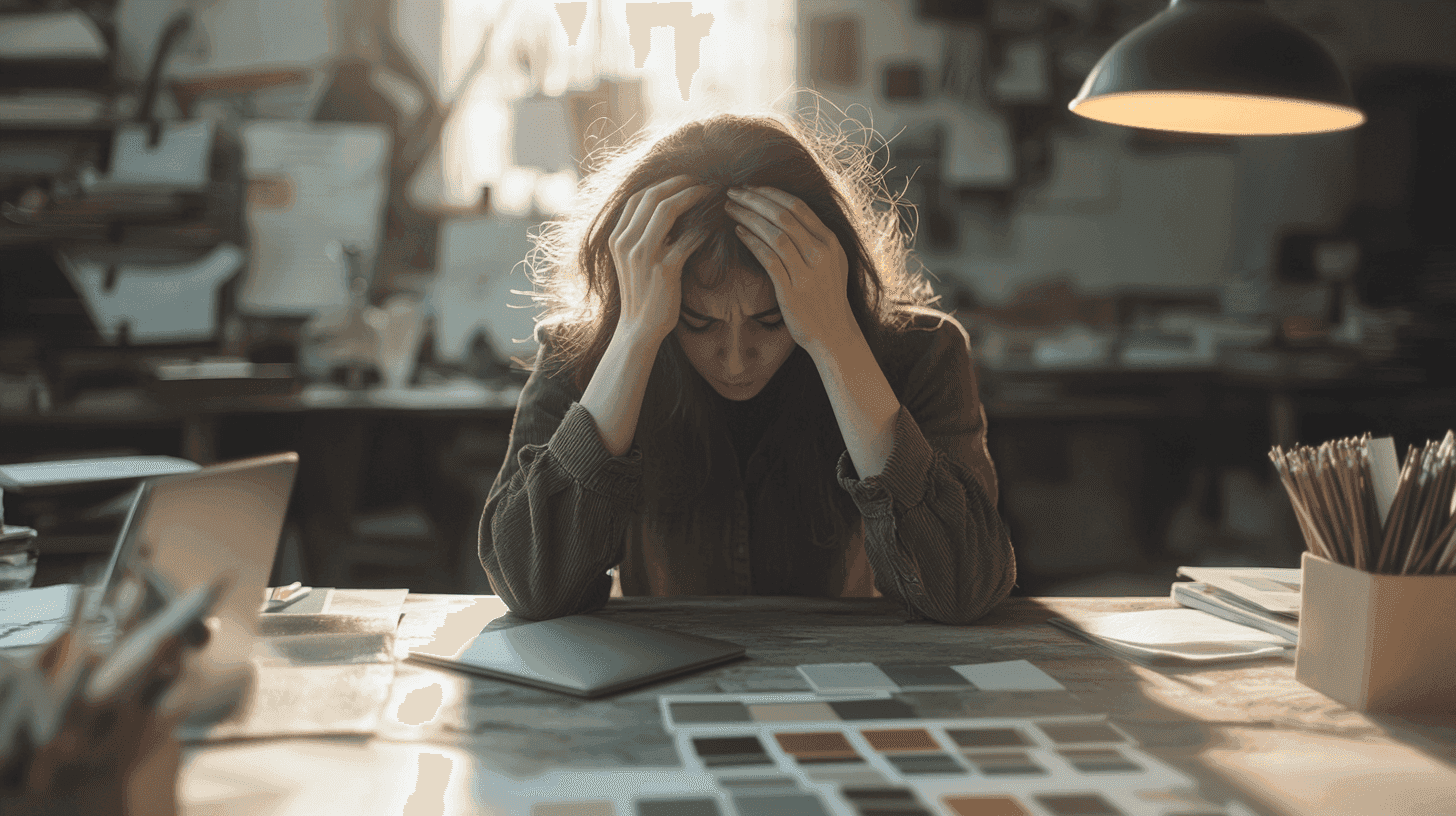 Vrouw met hoofd in handen aan een rommelig bureau met kleurstalen, zichtbaar gestrest.