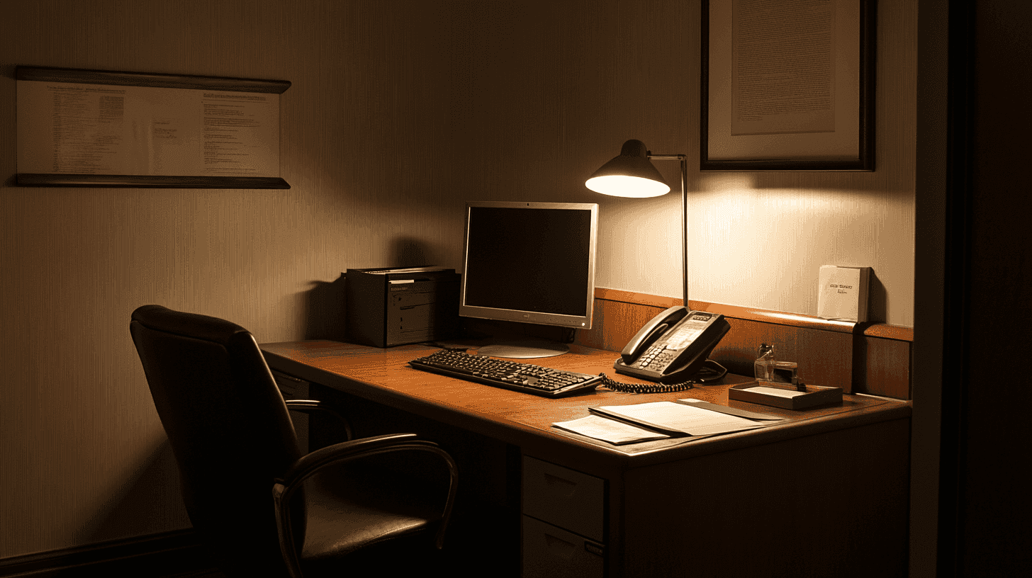 Modern kantoor met een houten bureau, een computerscherm, toetsenbord en telefoon. Een bureaulamp verlicht de werkplek, terwijl een zwarte bureaustoel voor het bureau staat.