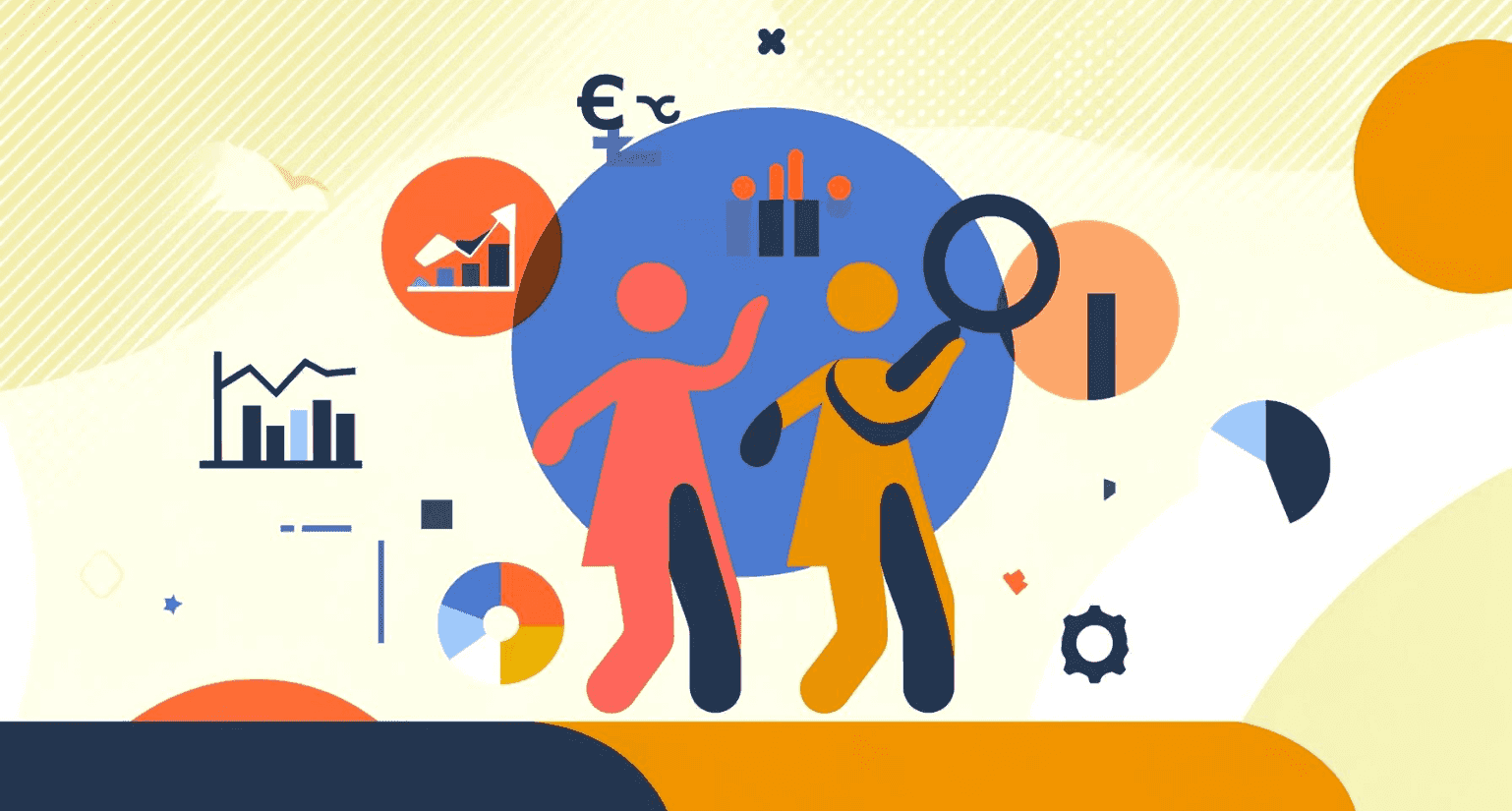 Illustratie met twee freelancers die marktonderzoek doen. Om de twee freelancers heen zweven diverse icoontjes van grafieken en diagrammen.
