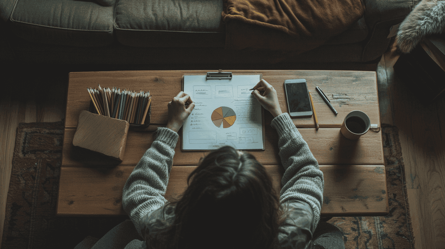 Een persoon tekent een kleurrijke cirkeldiagram op een clipboard terwijl die aan een houten salontafel zit, omringd door kleurpotloden, een smartphone en een kop koffie