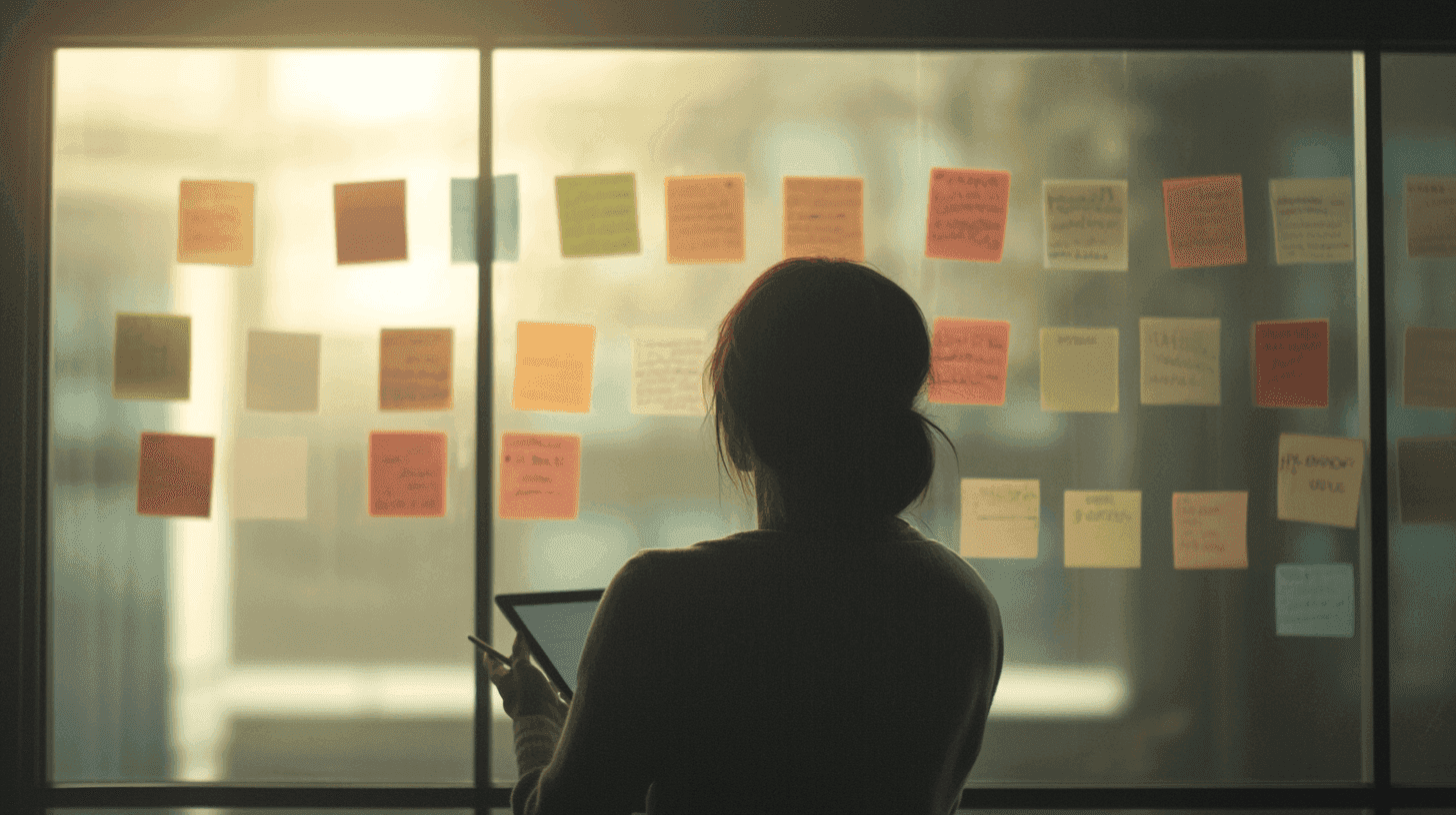 Persoon met tablet kijkt naar kleurrijke sticky notes op glazen wand in kantoor