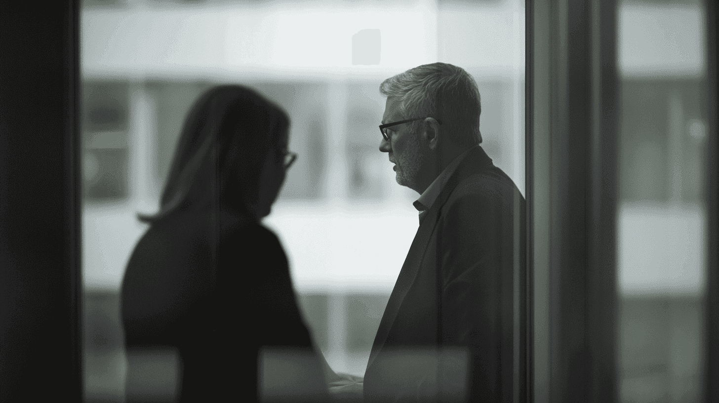 Twee mensen in gesprek in een moderne kantooromgeving, gezien door een glazen wand
