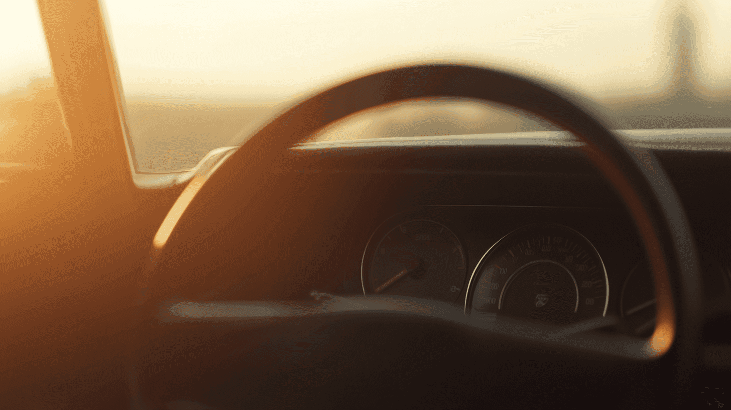 Close-up van een autostuur met dashboard en snelheidsmeter, zachte zonsondergangsverlichting door de voorruit.
