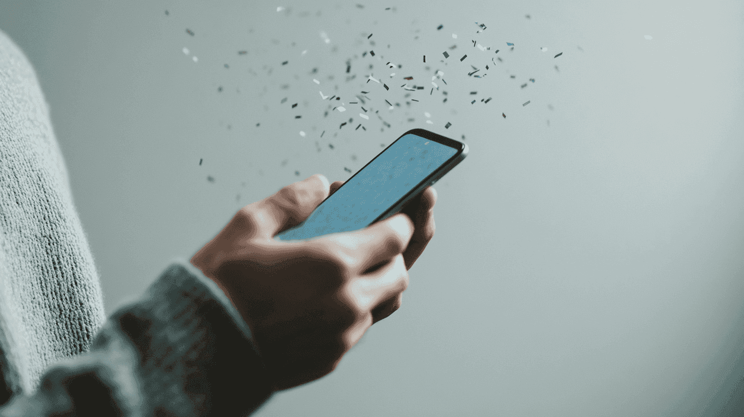 Close-up van een hand die een smartphone vasthoudt met confetti in de lucht
