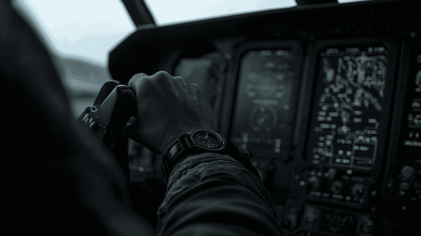 Close-up van de hand van een piloot die de stuurknuppel vasthoudt in een schemerige cockpit met verlichte instrumenten