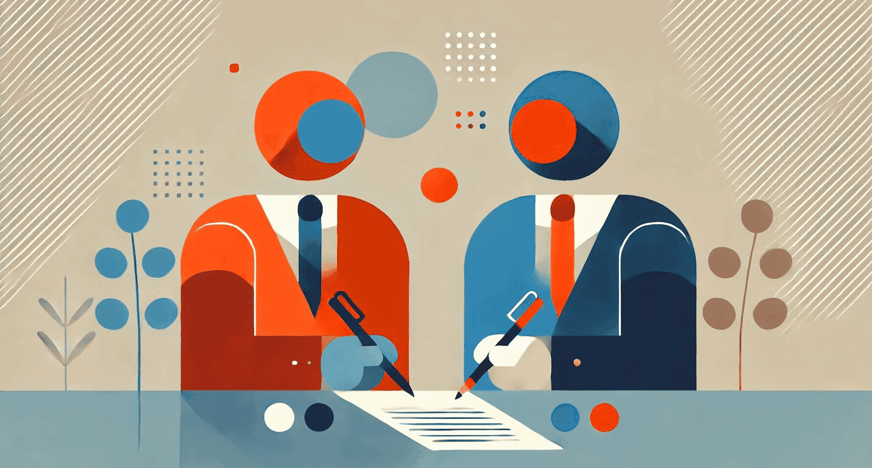 Illustratie die twee personen weergeeft die een contract ondertekenen.